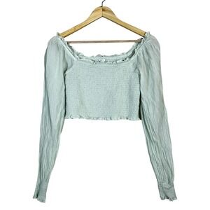 Aerie Smocked Ruffle Solid Crop Top Sage Green Boho Cottagecore Size S/P